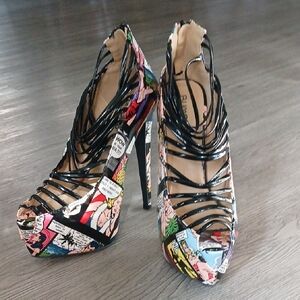 Bumper Brand Comic Book Print Platform Stiletto Heels Strappy Caged Design Sz 9
